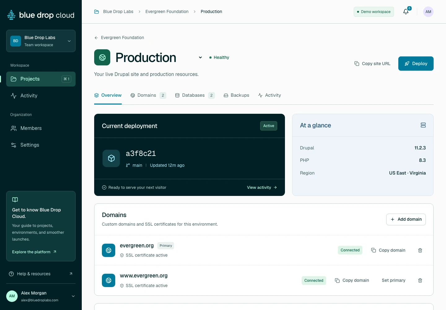 Evergreen Foundation production environment in Blue Drop Cloud, showing its Git branch, deployment controls, and site operations.
